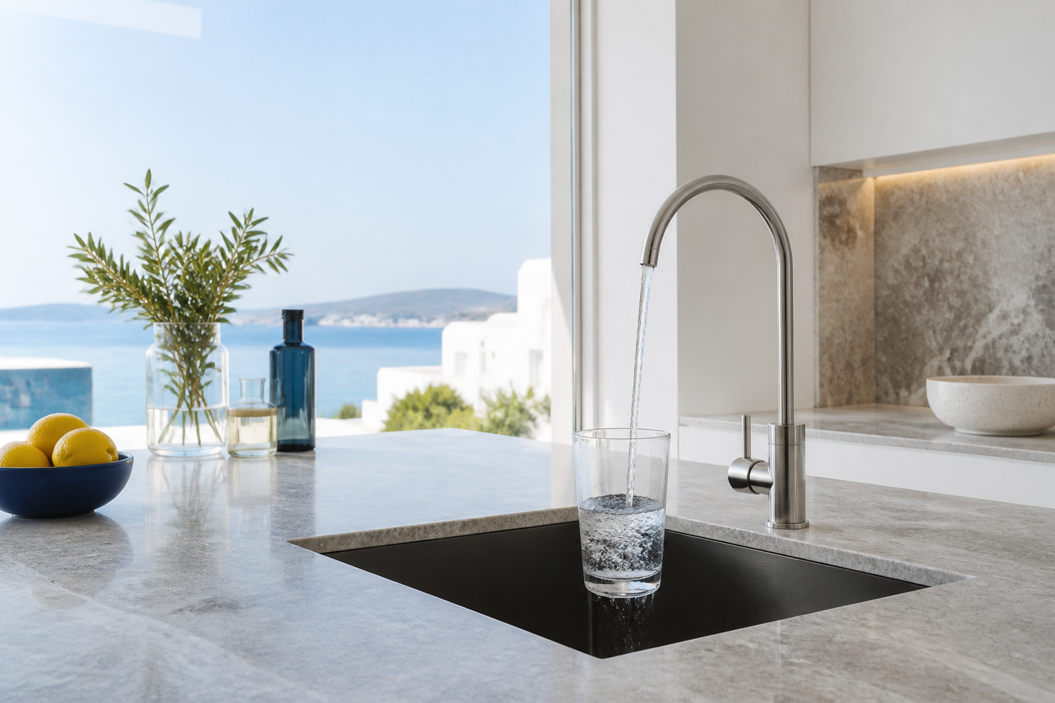 Bodrum'da modern bir mutfakta arıtılmış su doldurulan bardak